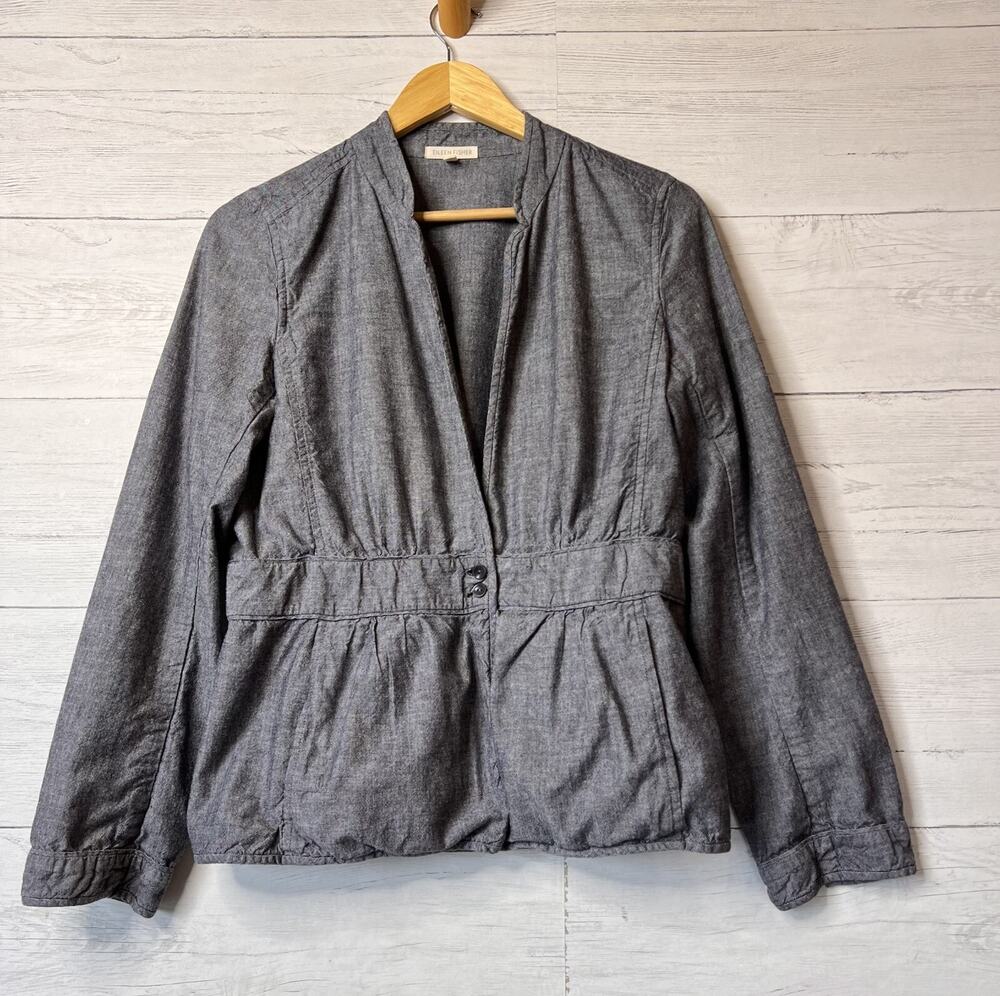 Eileen Fisher Jacket Womens Size Small Peplum Stand Collar 100% Cotton Chambray